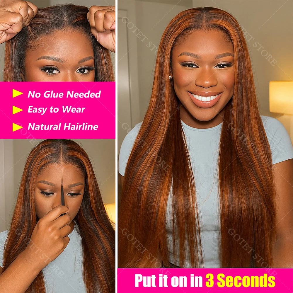 P4/350 Human Hair Highlight Ombre Straigh HD Lace Front Wigs 30 32 Inch Brown 5x5 Lace Frontal Wig Water Brazilian