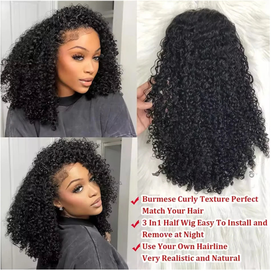 Wear and Go Flip Over Drawstring Glueless Curly Human Hair 100% Afro Curly Raw Hair Wigs Kinky Curls Wig Half Wig Half Head Wig