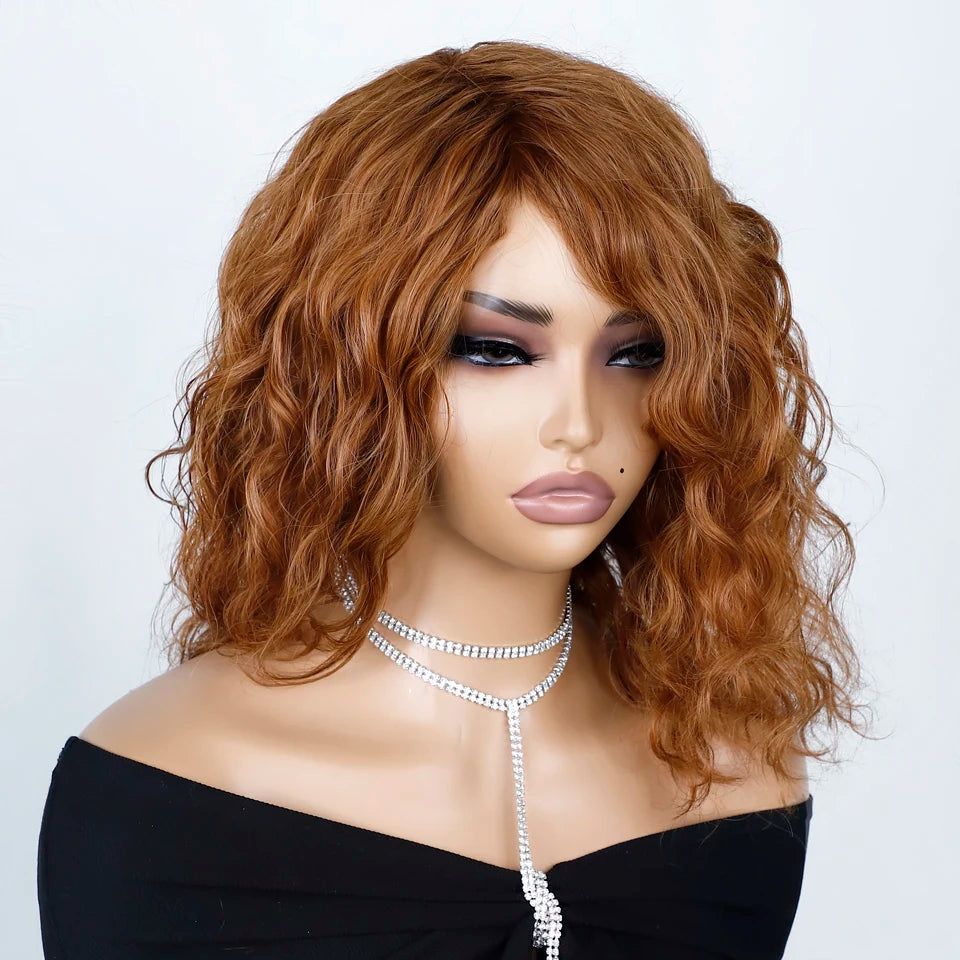 Put And Go Short Curly Wig With Fringe Bangs Honey Curly Bob Wigs Human Hair Side Part Pre Plucked Big Fluffy Brown Mixed Blonde