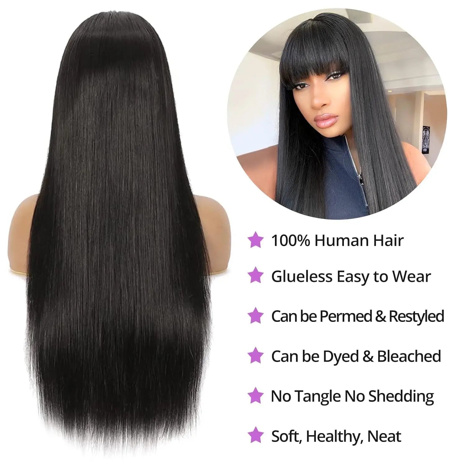 FGX-Peruvian Straight Full Machine Made Perruque with Bang Natural Color Human Hair Wig For Women Pre-Plucked Virgin Hair Wig