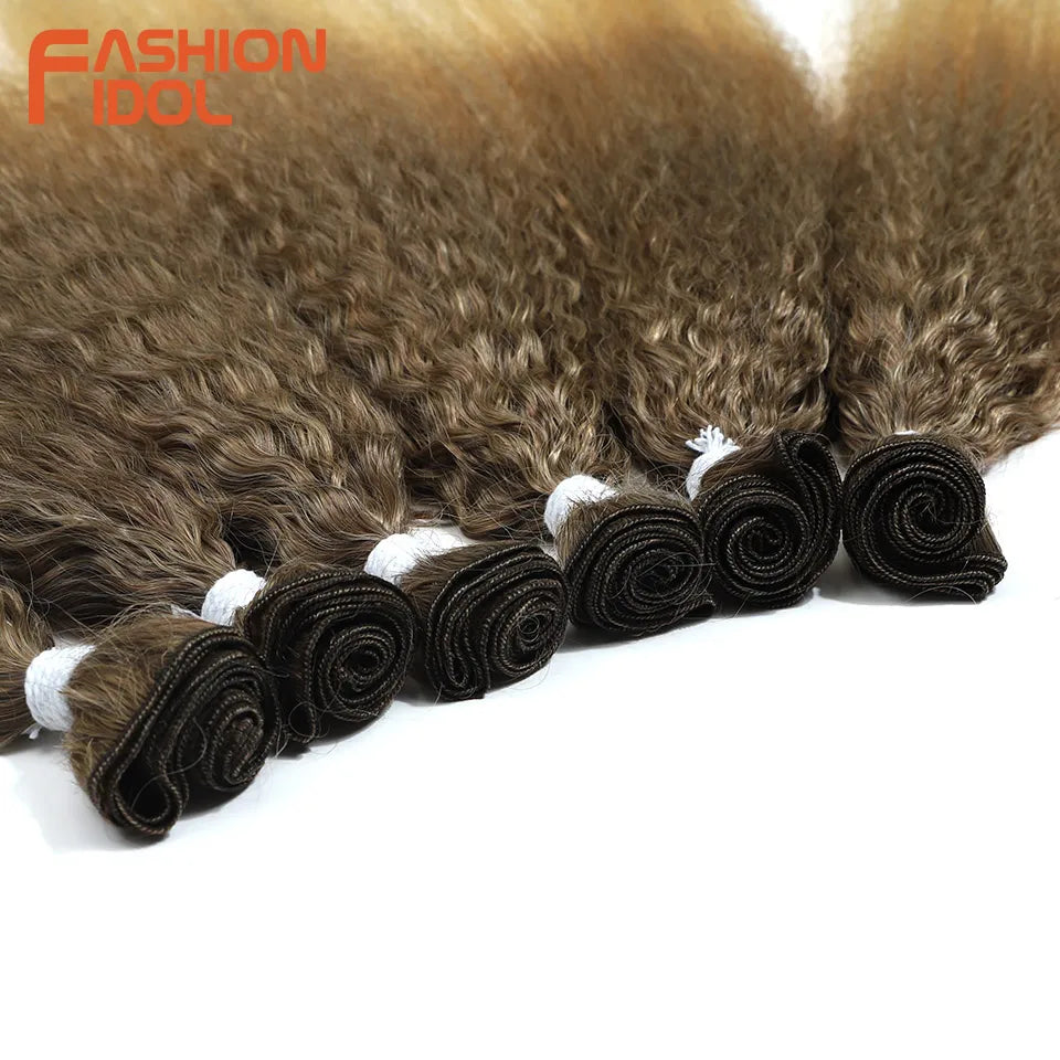 FASHION IDOL 22-26 inch 300g/6pcs Loose Curly Hair Synthetic Weave Hair Bundles Ombre Brown Heat Resistant Fiber Hair Extensions
