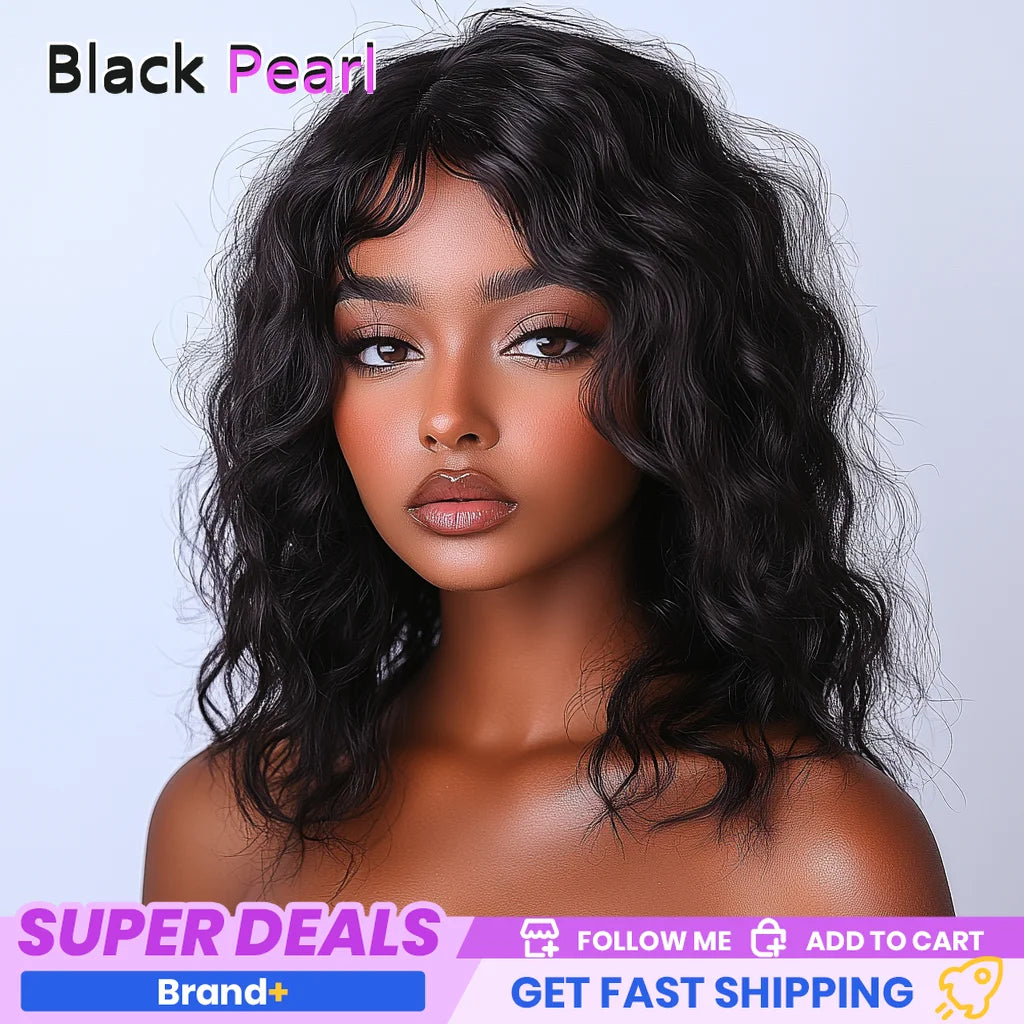 Brazilian Human Hair Wig For Black Women Curly Wig With Bangs Curly Bob Wigs Human Hair Side Part Fluffy Brown Mixed Blonde