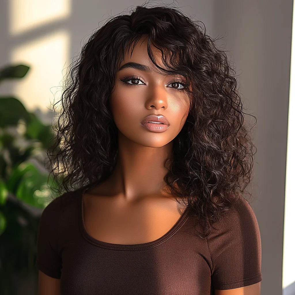 Brazilian Human Hair Wig For Black Women Curly Wig With Bangs Curly Bob Wigs Human Hair Side Part Fluffy Brown Mixed Blonde