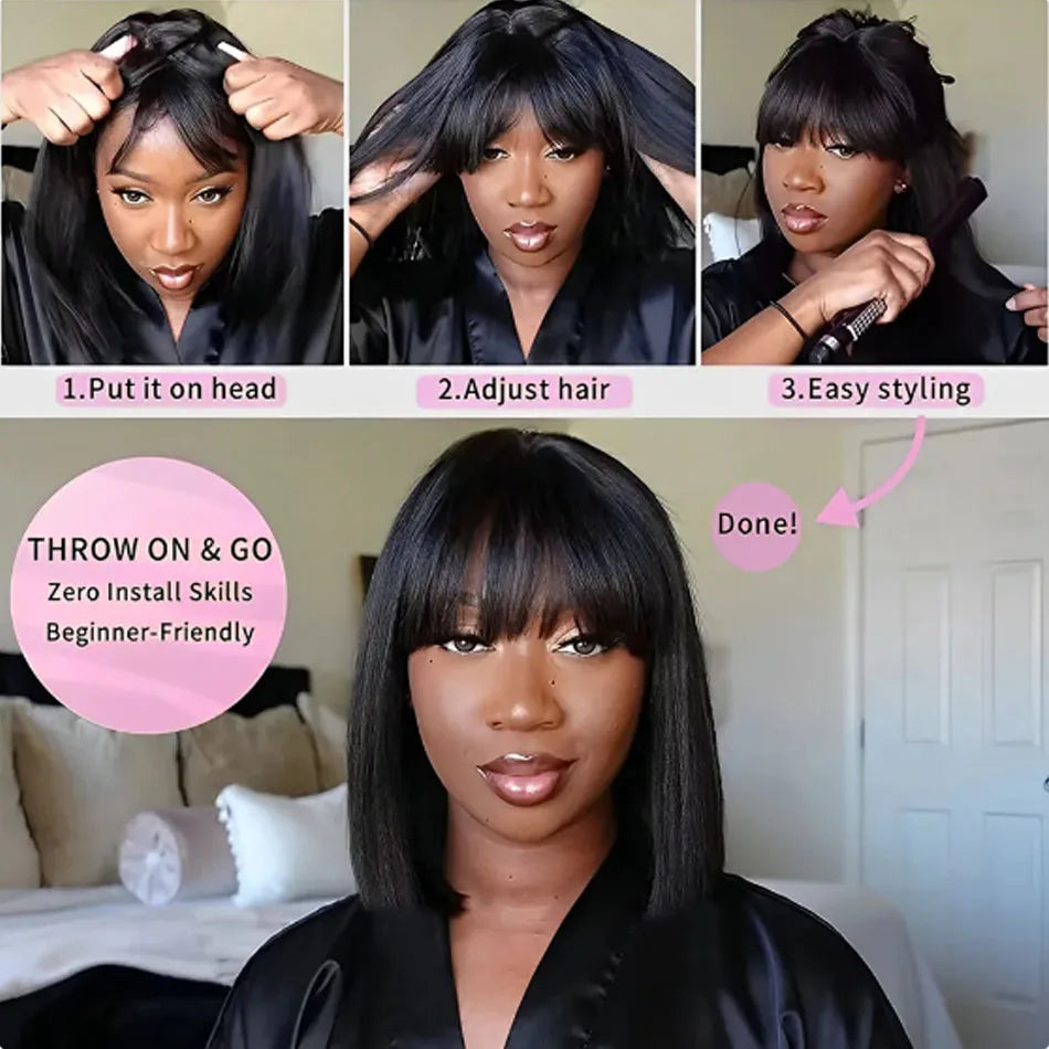 Straight Short Bob Wig With Bangs Vietnamese 100% Human Hair Double Drawn Bob Wigs Glueless Straight Wigs On Sale Clearance 250%