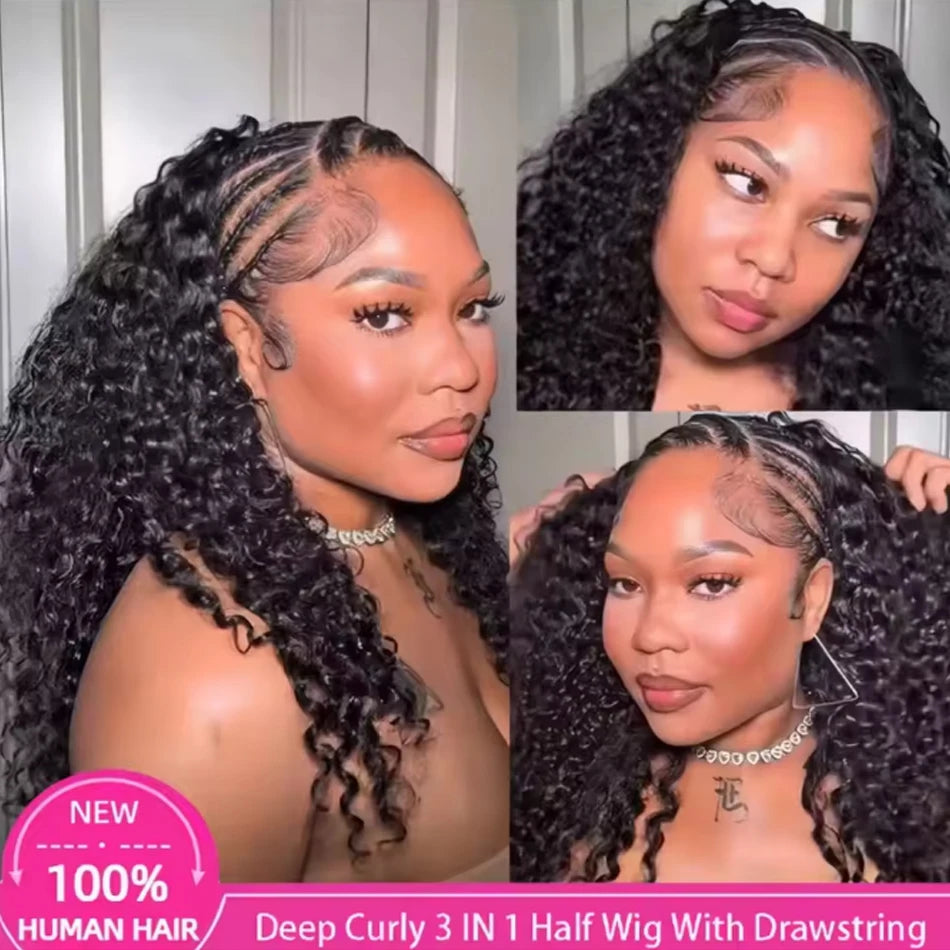 Wear and Go Flip Over Drawstring Glueless Curly Human Hair 100% Afro Curly Raw Hair Wigs Kinky Curls Wig Half Wig Half Head Wig