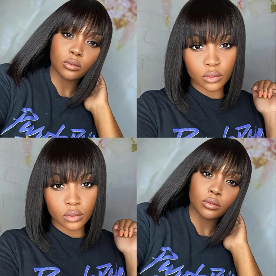 Straight Short Bob Wig With Bangs Vietnamese 100% Human Hair Double Drawn Bob Wigs Glueless Straight Wigs On Sale Clearance 250%
