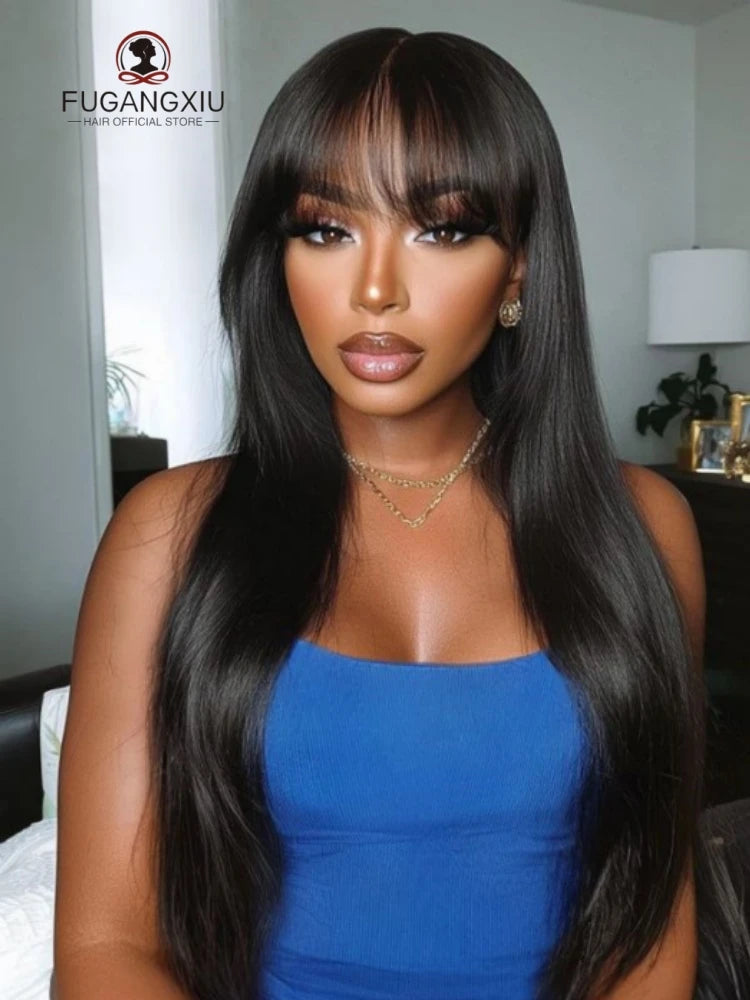 FGX-Peruvian Straight Full Machine Made Perruque with Bang Natural Color Human Hair Wig For Women Pre-Plucked Virgin Hair Wig