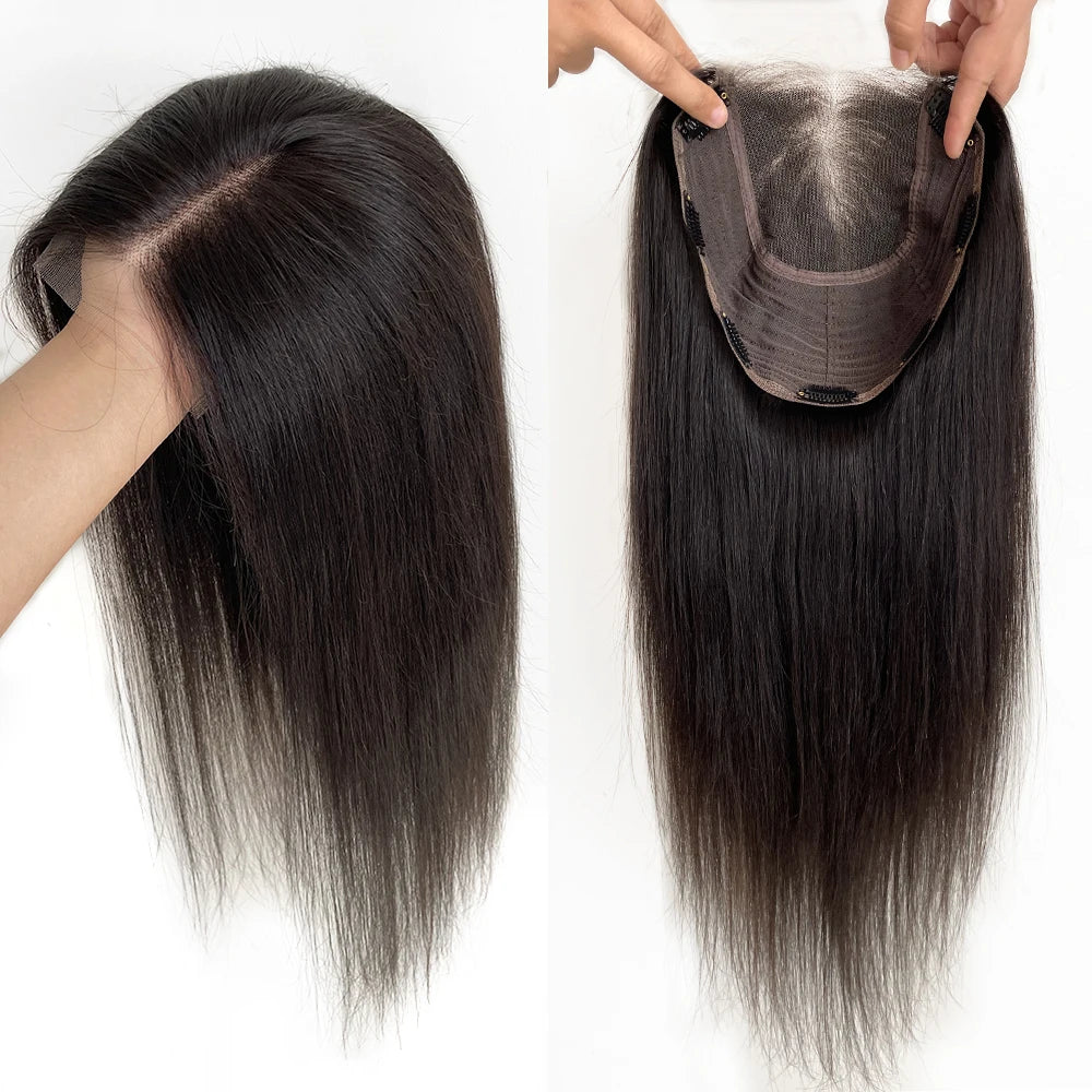 Best Virgin Human Hair 8X8 Inch Wefted Topper with 4X4 Inch HD Lace Base Topper Natural Black Brown Hair Clips In Hairpieces