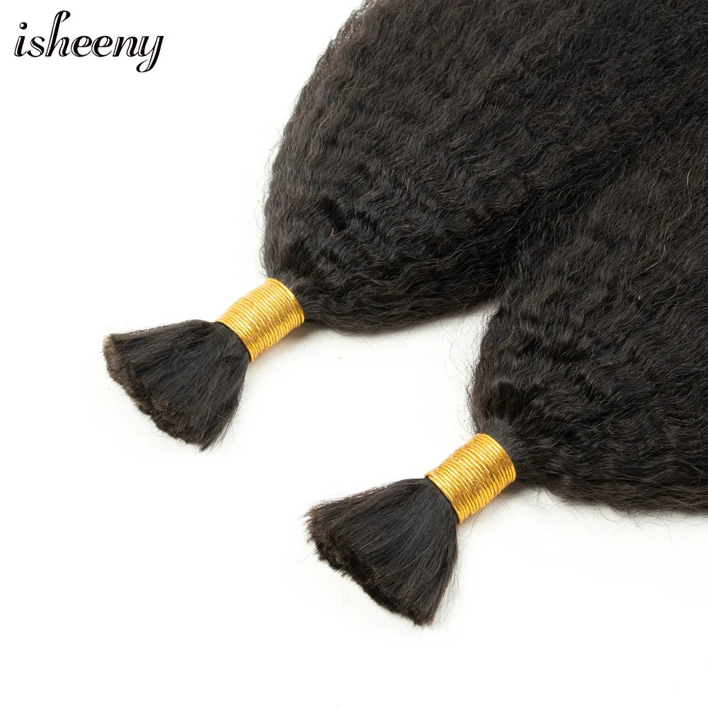 isheeny Kinky Straight Human Hair Extensions 16-24 inches Brazilian Remy Hair Bundles No Sewing Natural Black 50g Hair Bulk