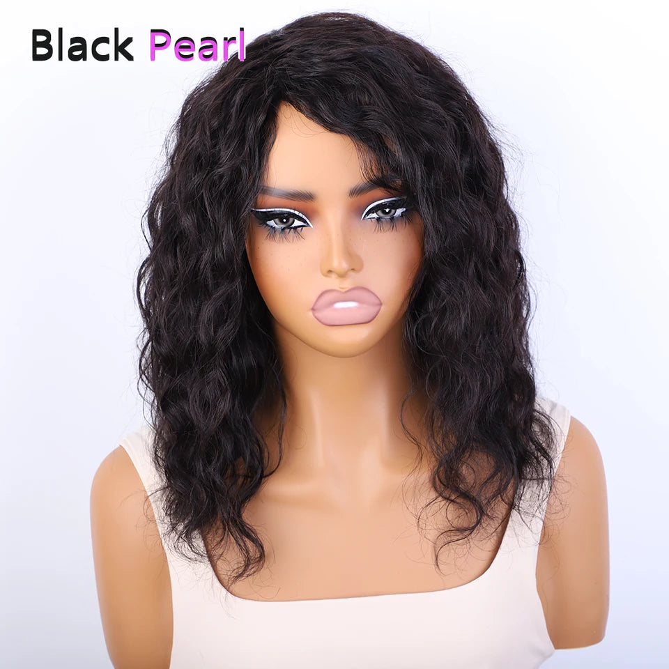 Brazilian Human Hair Wig For Black Women Curly Wig With Bangs Curly Bob Wigs Human Hair Side Part Fluffy Brown Mixed Blonde
