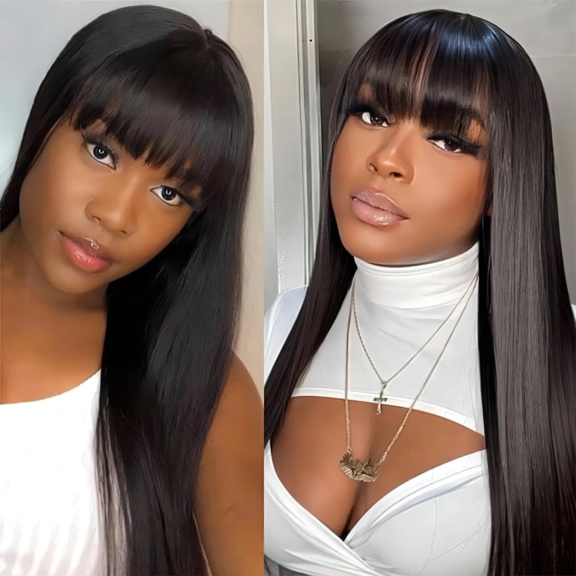 FGX-Peruvian Straight Full Machine Made Perruque with Bang Natural Color Human Hair Wig For Women Pre-Plucked Virgin Hair Wig