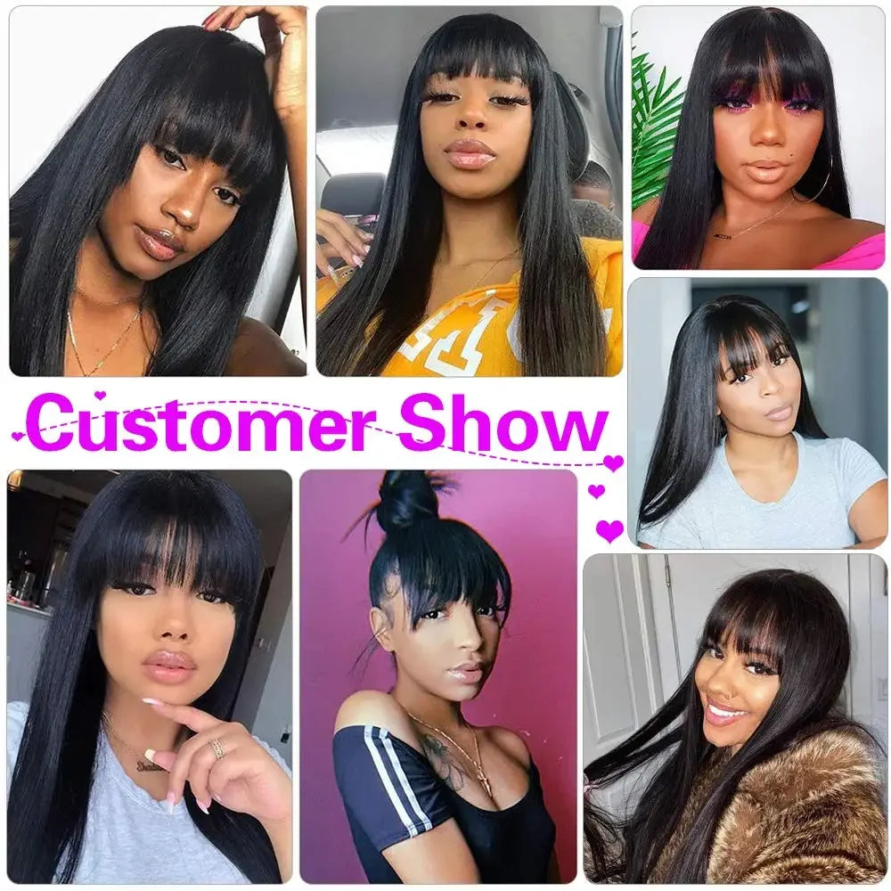 FGX-Peruvian Straight Full Machine Made Perruque with Bang Natural Color Human Hair Wig For Women Pre-Plucked Virgin Hair Wig