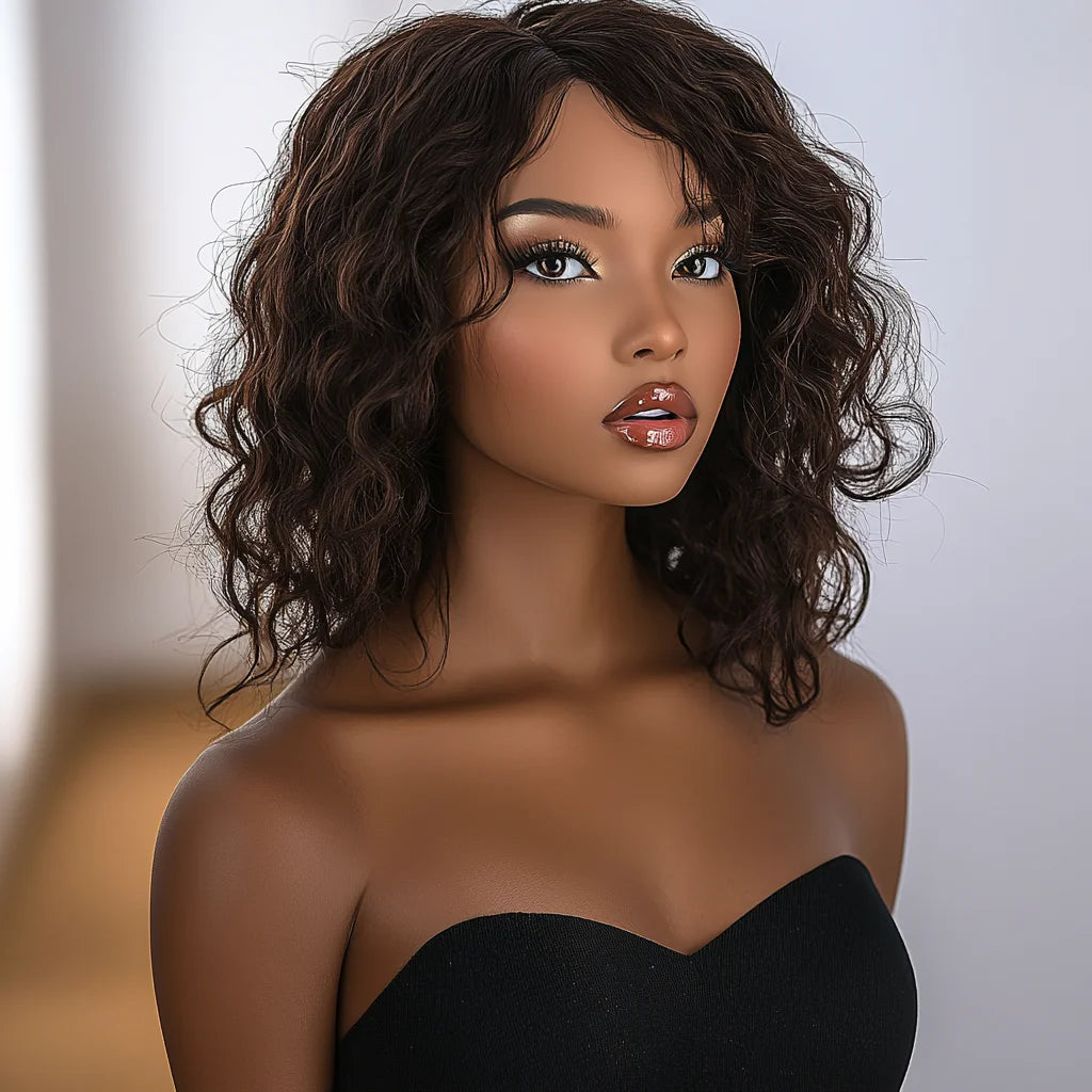 Brazilian Human Hair Wig For Black Women Curly Wig With Bangs Curly Bob Wigs Human Hair Side Part Fluffy Brown Mixed Blonde