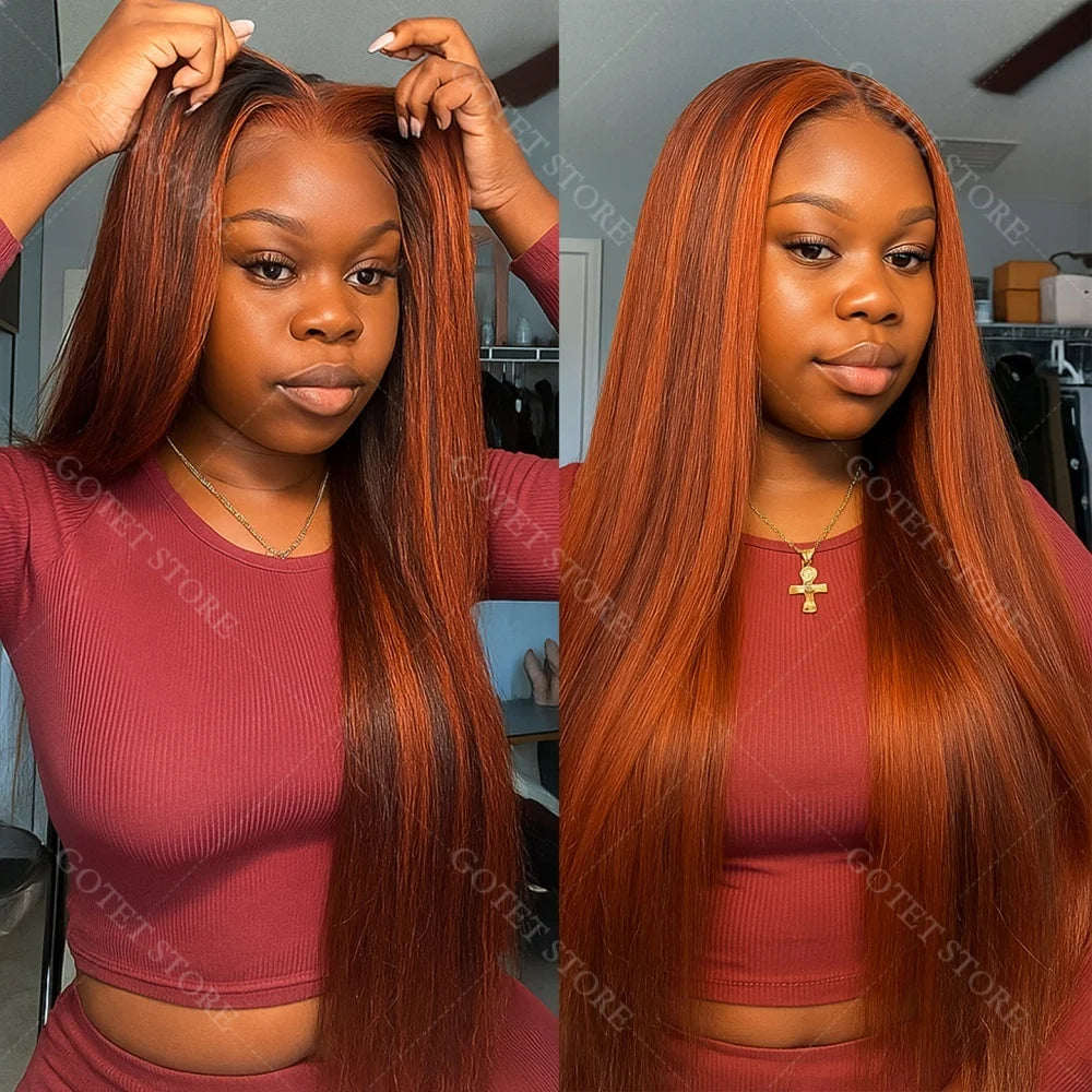 P4/350 Human Hair Highlight Ombre Straigh HD Lace Front Wigs 30 32 Inch Brown 5x5 Lace Frontal Wig Water Brazilian