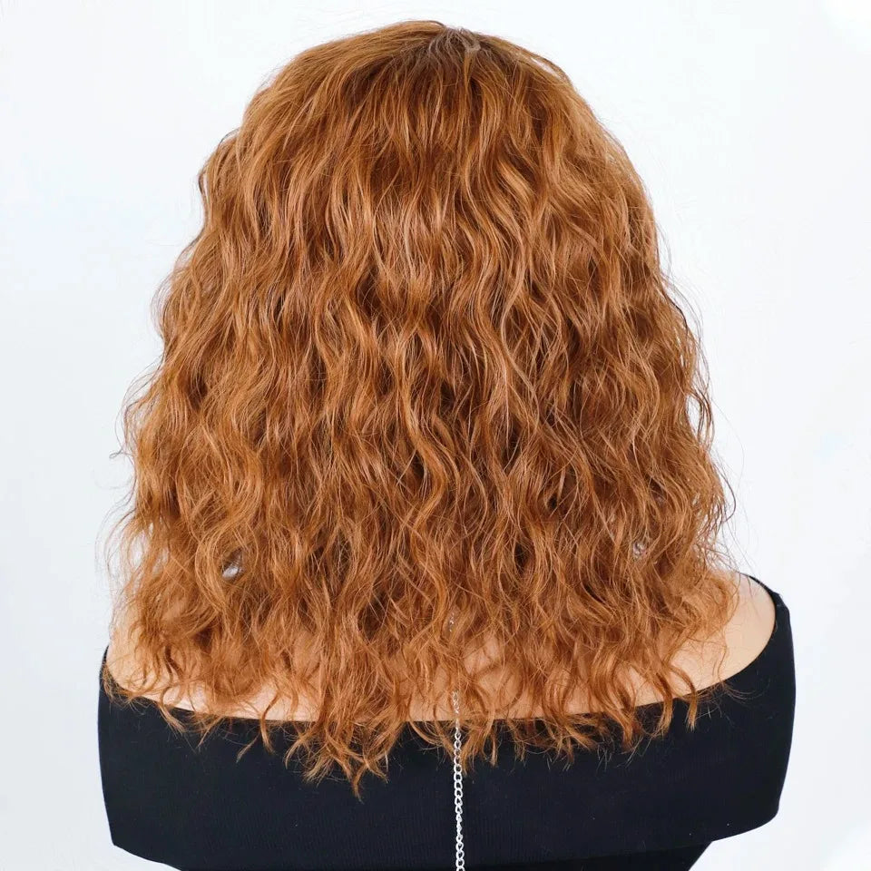 Brazilian Human Hair Wig For Black Women Curly Wig With Bangs Curly Bob Wigs Human Hair Side Part Fluffy Brown Mixed Blonde